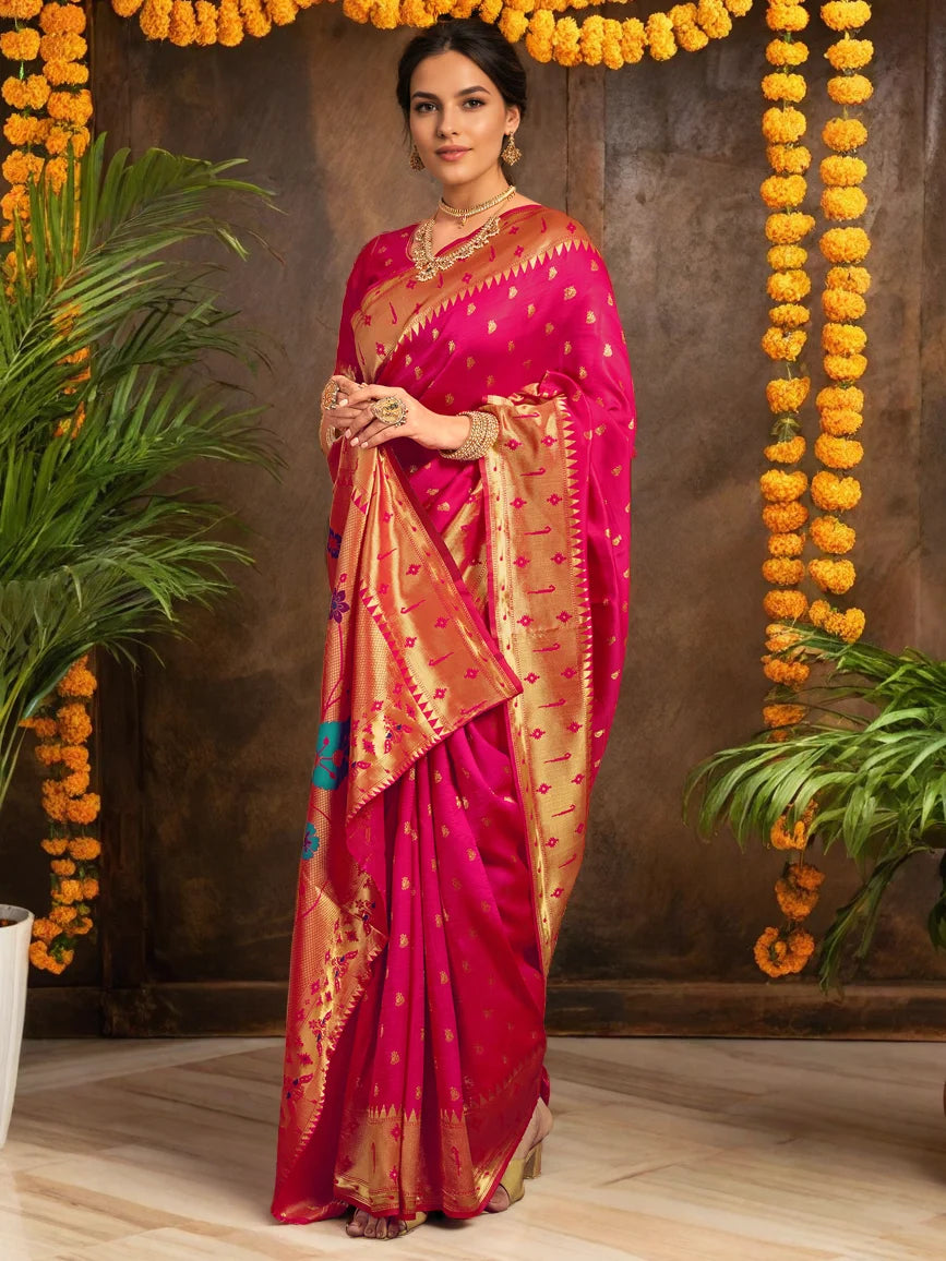 Rani Pink Silk Zari Weaving Saree For Women's