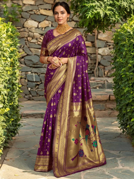 Exquisite Parrot Motif Paithani Purple Silk Saree - Rheycart