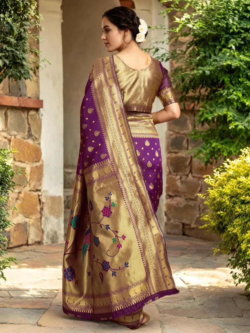 Exquisite Parrot Motif Paithani Purple Silk Saree - Rheycart