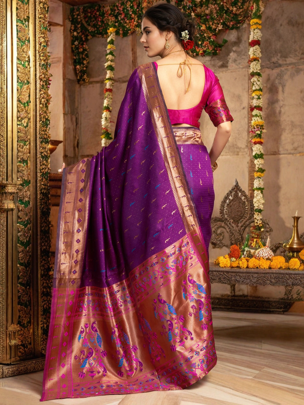 Peacock Motif Pallu Purple Silk Blend Saree - Rheycart
