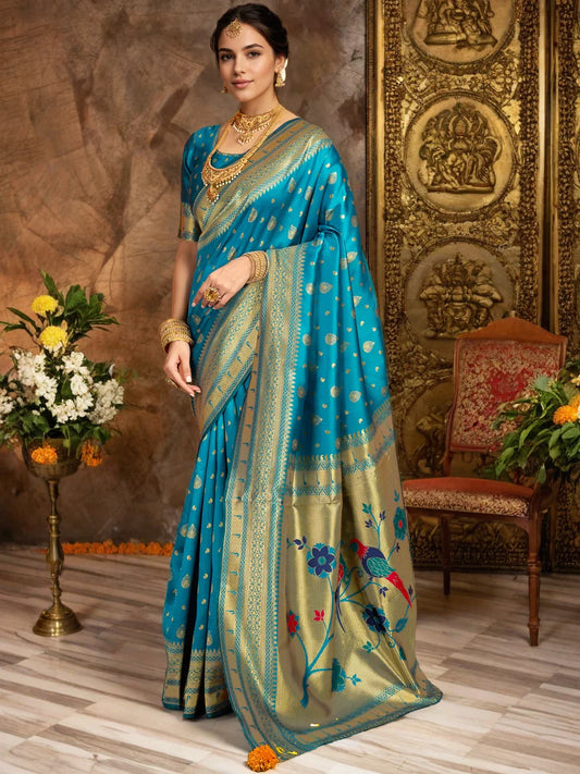 Blue Zari Weaving Silk Paithani Saree For Women's - Rheycart