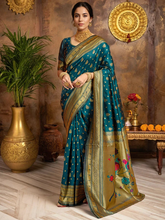 Teal Green Paithani Silk Saree With Peacock Motif Pallu - Rheycart