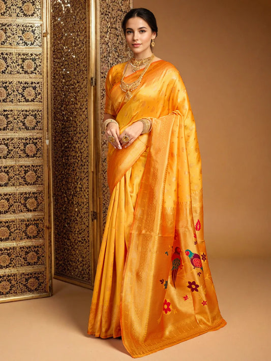 Orange Color Zari Weaving Paithani Silk Saree - Rheycart