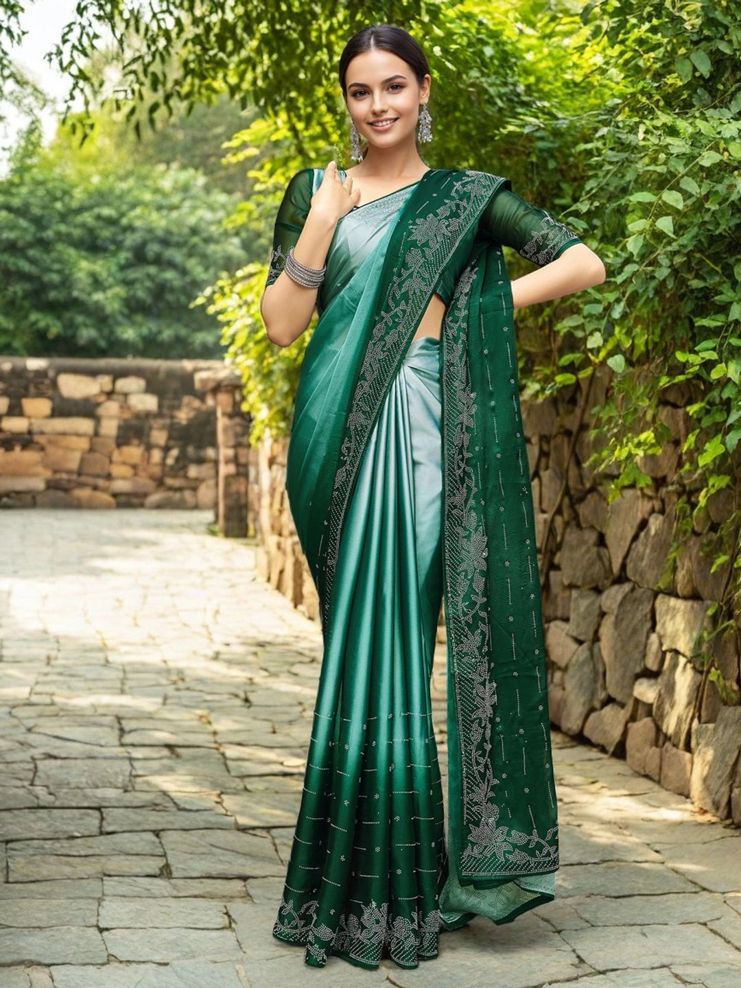 Stone Embellished Pastel Green Silk Saree For Women - Rheycart