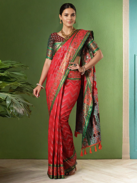 Patola Zigzag Weaving Red Silk Saree