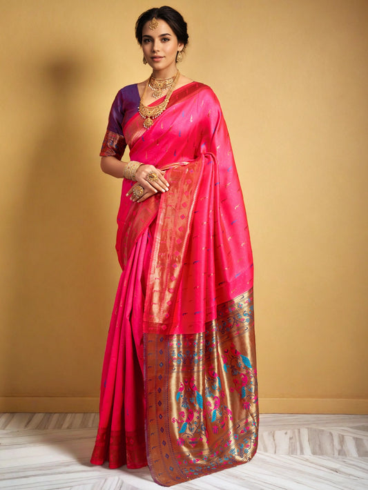 Pink Silk Blend Peacock Design Pallu Paithani Saree - Rheycart