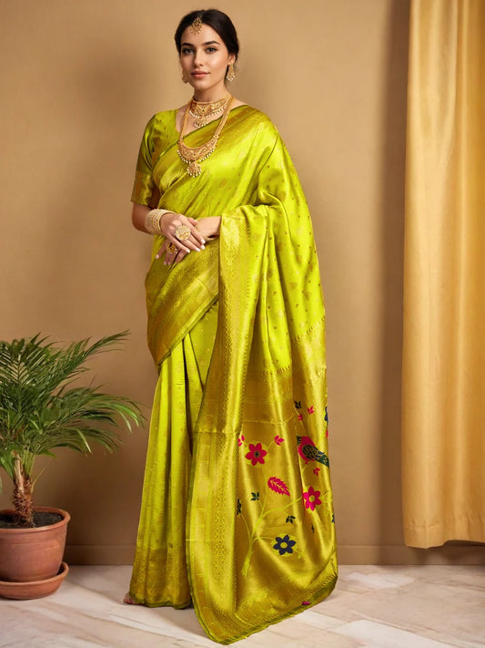 Zari Weaving Lime Green Paithani Silk Saree - Rheycart