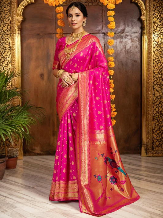 Rani  Color Silk Blend Paithani Saree - Rheycart