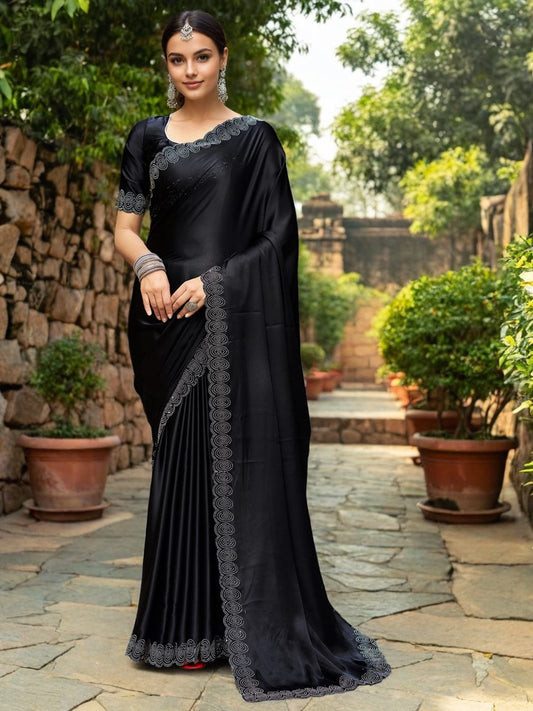 Black Silk Stone Embellished Saree For Women - Rheycart
