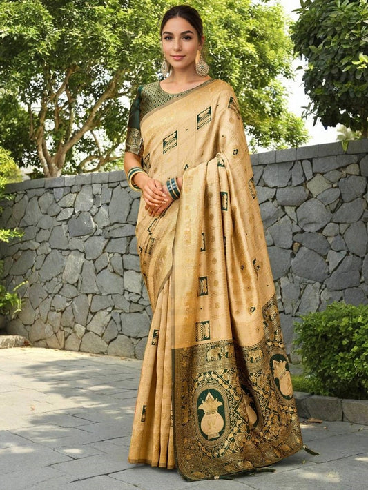 Woven Silk Cream Paithani Saree - Rheycart