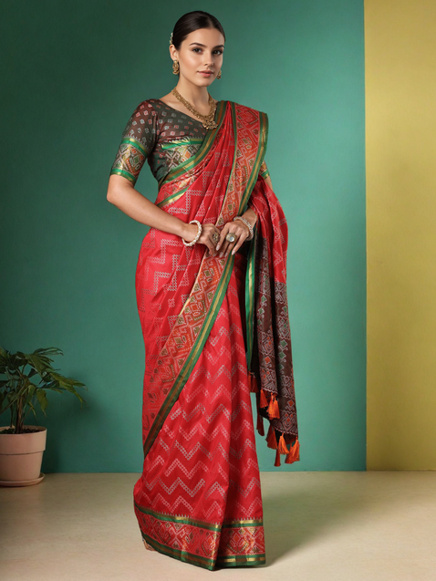 Patola Zigzag Weaving Red Silk Saree