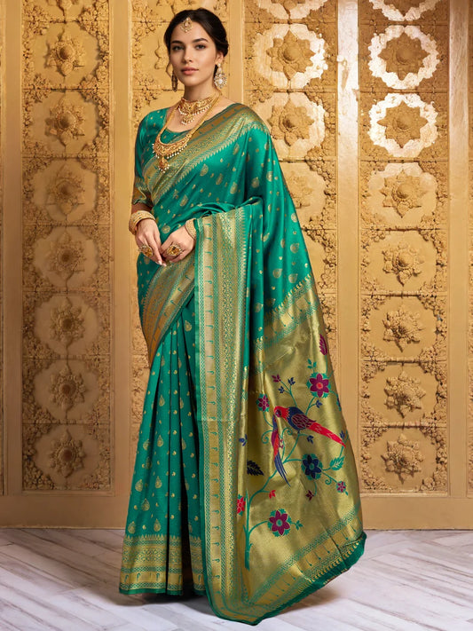 Silk Blend Green Color Paithani Saree For Women