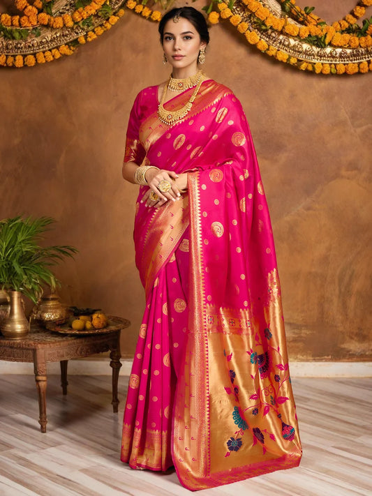 Silk Blend Rani Pink Paithani Saree - Rheycart