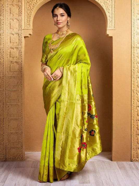 Lime Green Paithani Silk Saree With Zari Weaving Work - Rheycart