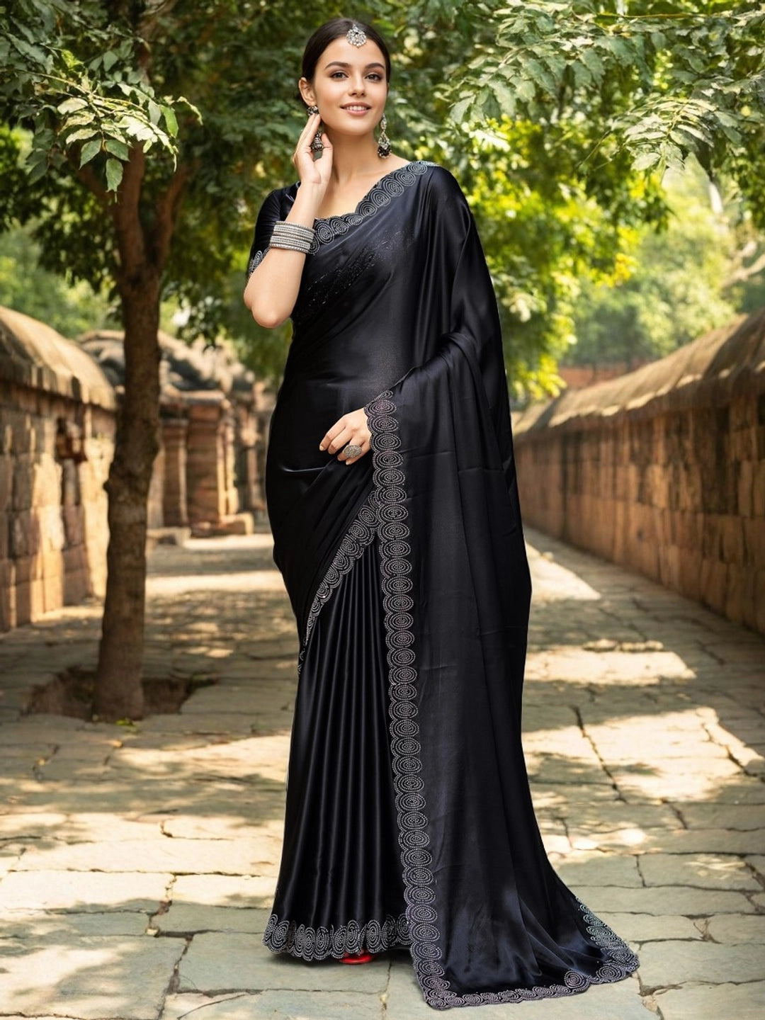 Black Silk Stone Embellished Saree For Women - Rheycart