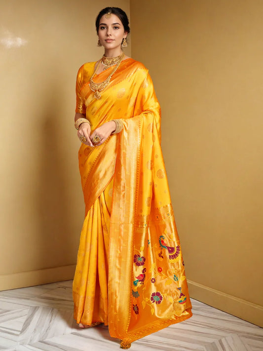 Exquisite Peacock Motif Paithani Orange Silk Saree - Rheycart