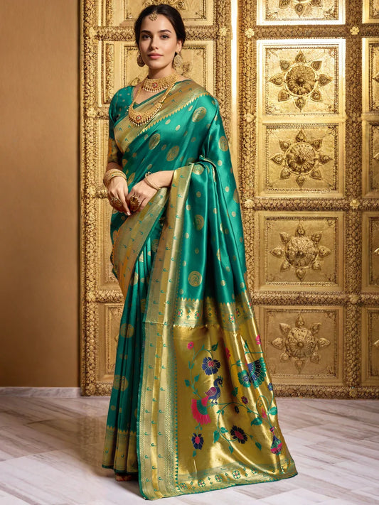 Green Silk Blend Paithani Saree With Unstitched Blouse