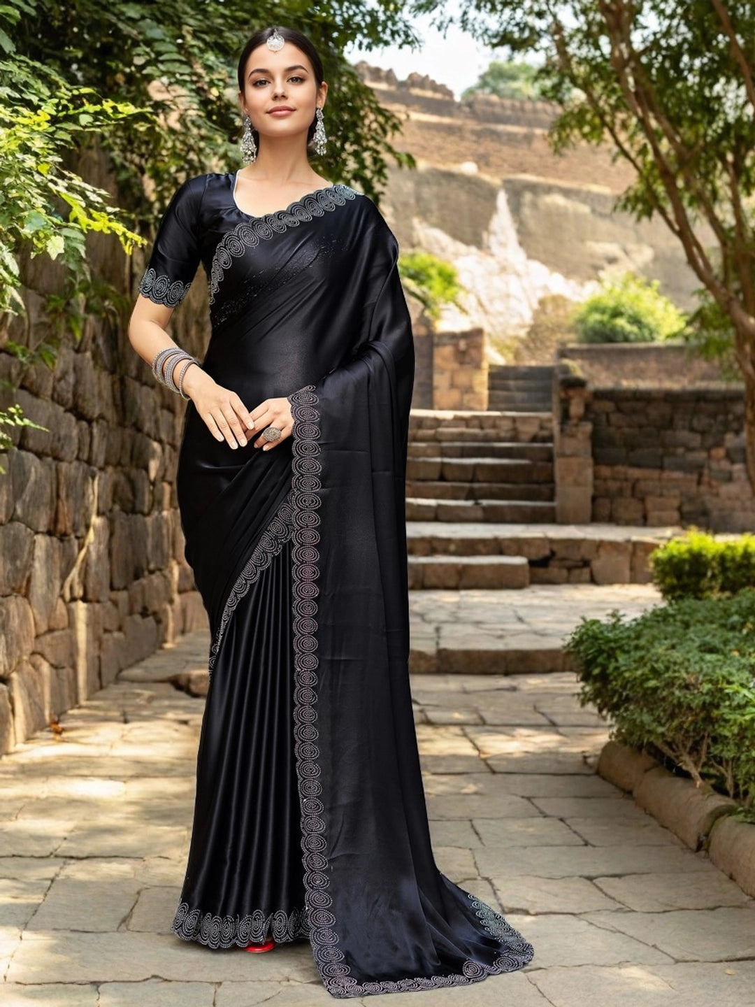 Black Silk Stone Embellished Saree For Women - Rheycart
