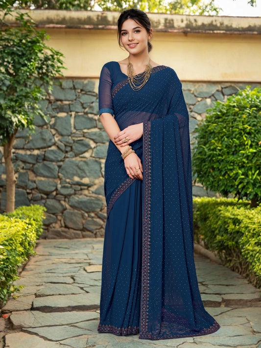 Stone Work Blue Georgette Women Saree - Rheycart