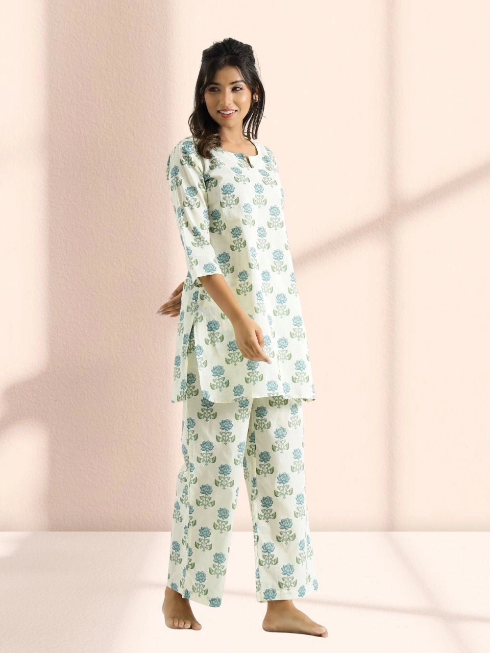 Light Blue Flower Printed Cotton Rayon Co-ord Set - Rheycart