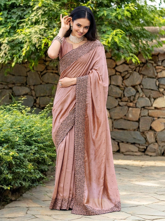 Light Peach Silk Saree With Stone Work - Rheycart