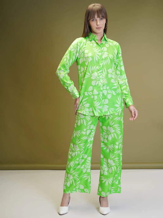 Neon Green Floral Co-ord Set For Women - Rheycart