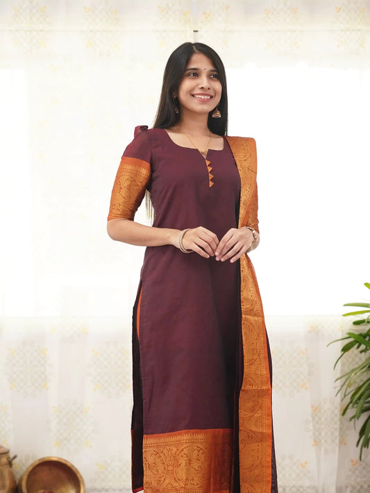 South indian Kanchi Cotton Brown Kurti With Dupatta - Rheycart