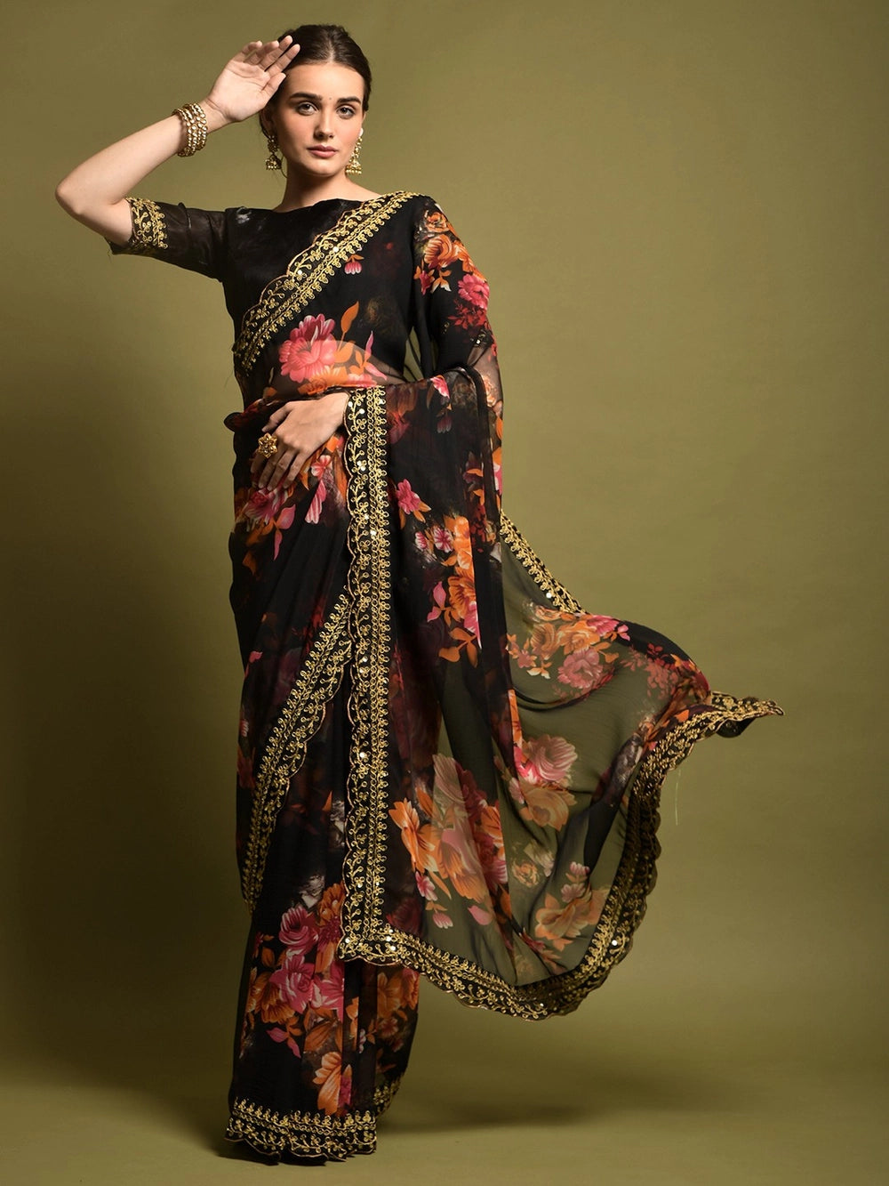 Floral Printed Black Georgette Bollywood Saree For Women