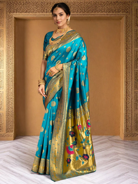 Turquoise Blue Woven Silk Saree with Floral Zari Work - Rheycart
