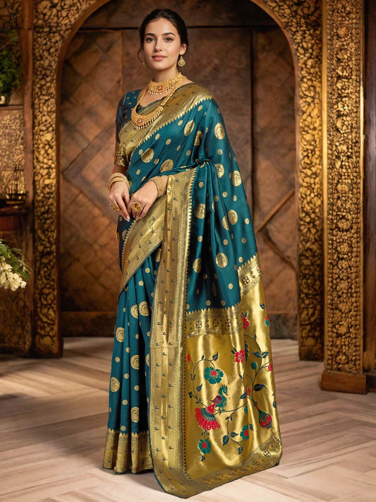Teal Green Zari Weaving Silk Paithani Saree For Women's - Rheycart