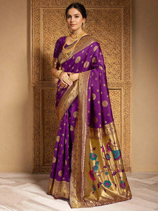 Purple Silk Blend Paithani Saree With Unstitched Blouse - Rheycart