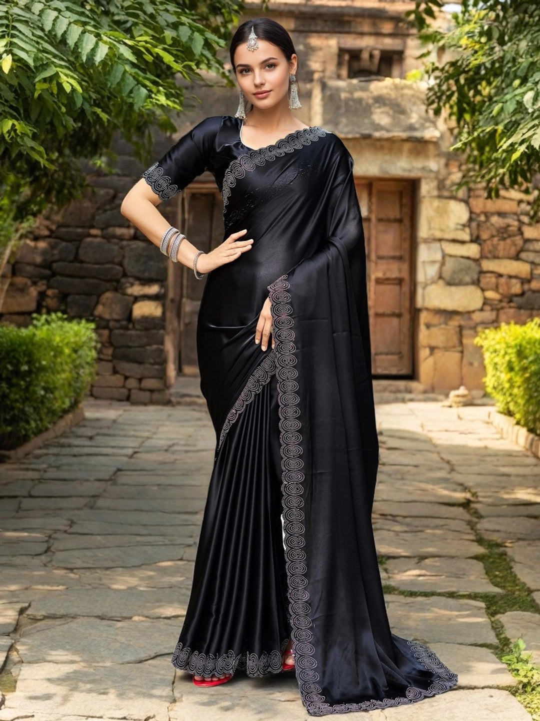 Black Silk Stone Embellished Saree For Women - Rheycart