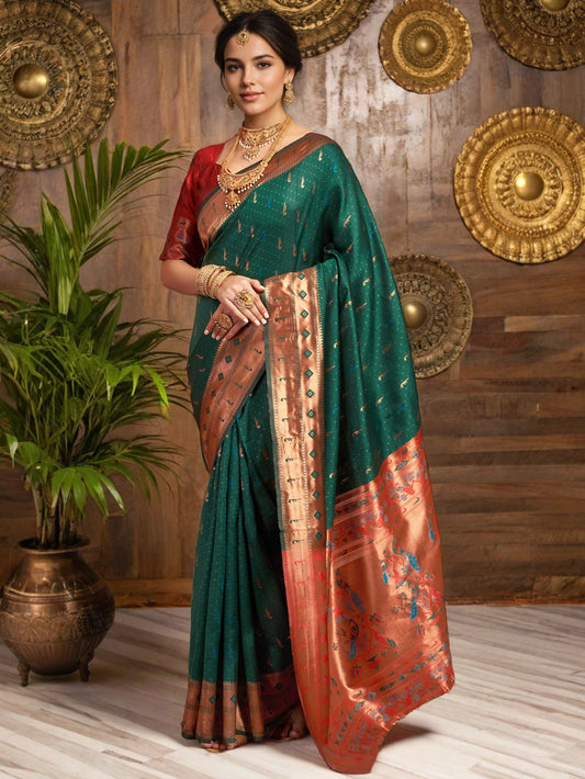 Dark Green Woven Silk Saree with Peacock Design - Rheycart