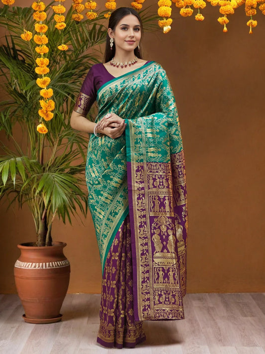Silk Blend Green And Wine Paithani Saree For Wedding - Rheycart