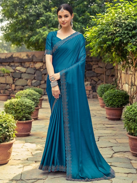 Teal Color Silk Saree With Unstiched Blouse Piece - Rheycart