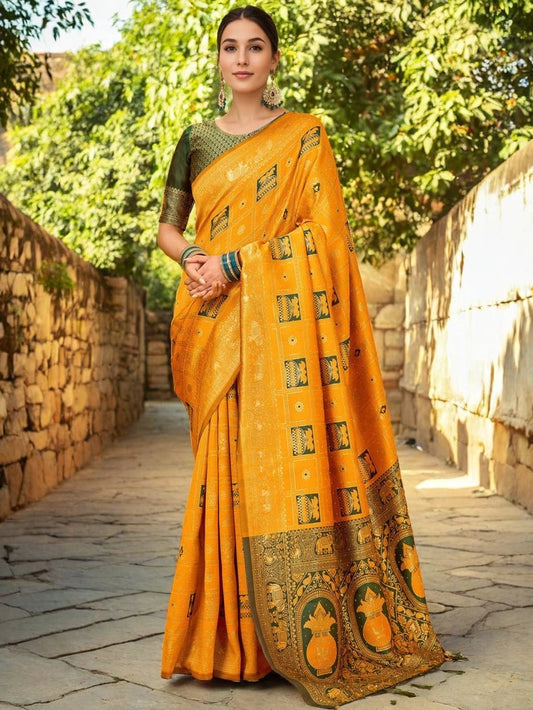 Woven Silk Mustard Paithani Saree - Rheycart