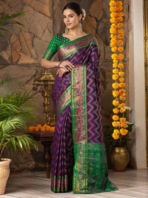 Purple Zig Zag Design Patola Woven Silk Saree