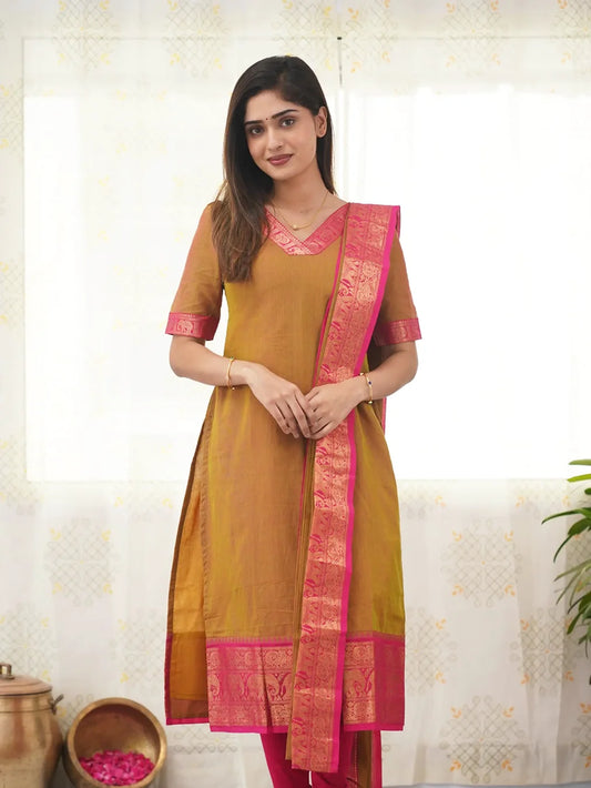 Kanchi Cotton V Neck Mustard Color Kurti And Dupatta - Rheycart