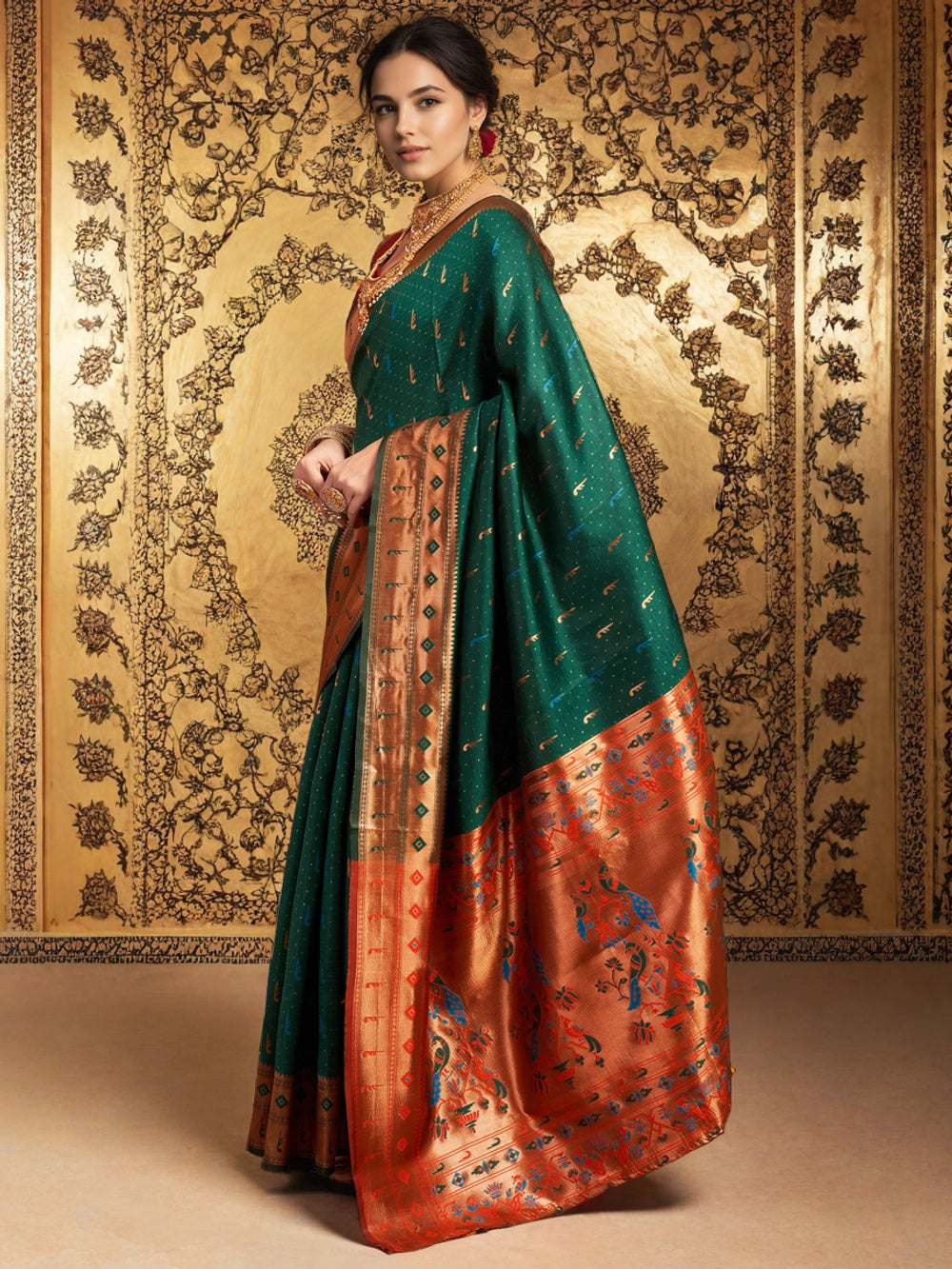 Dark Green Woven Silk Saree with Peacock Design - Rheycart