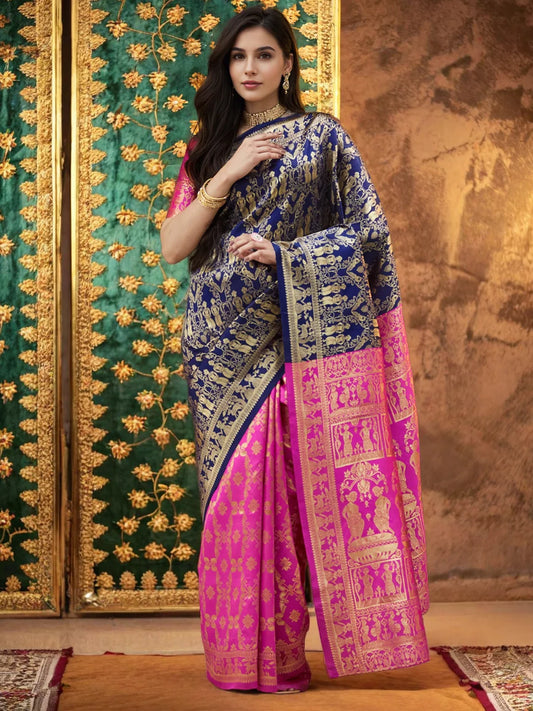 Blue And Pink Heavy Pallu Paithani Silk Blend Saree