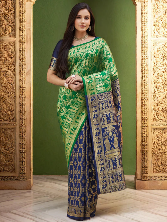 Luxury Heavy Pallu Green And Blue Paithani Silk Blend Saree