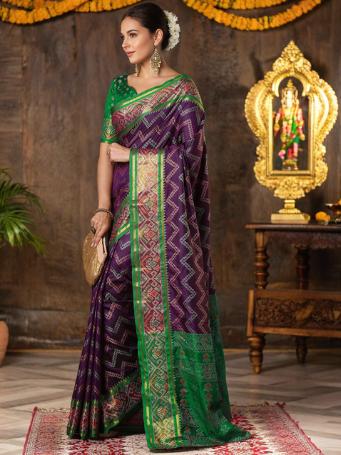 Purple Zig Zag Design Patola Woven Silk Saree