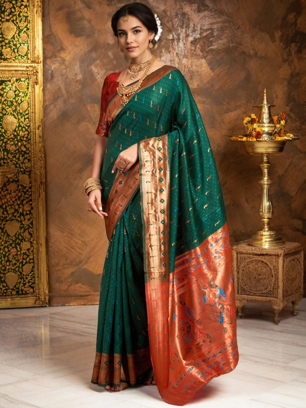 Dark Green Woven Silk Saree with Peacock Design - Rheycart