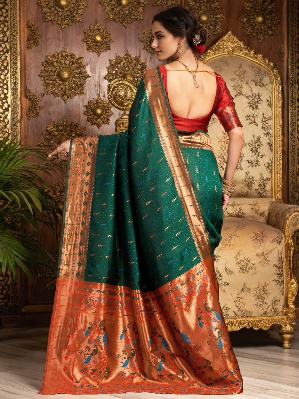 Dark Green Woven Silk Saree with Peacock Design - Rheycart