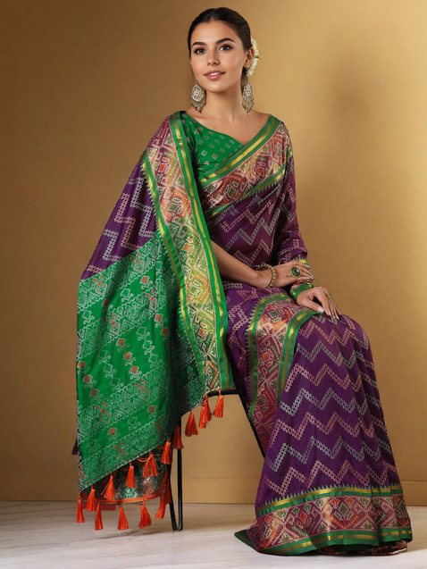 Purple Zig Zag Design Patola Woven Silk Saree