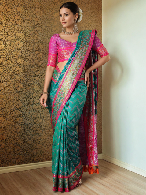 Turquoise Blue Patola Woven Silk Saree