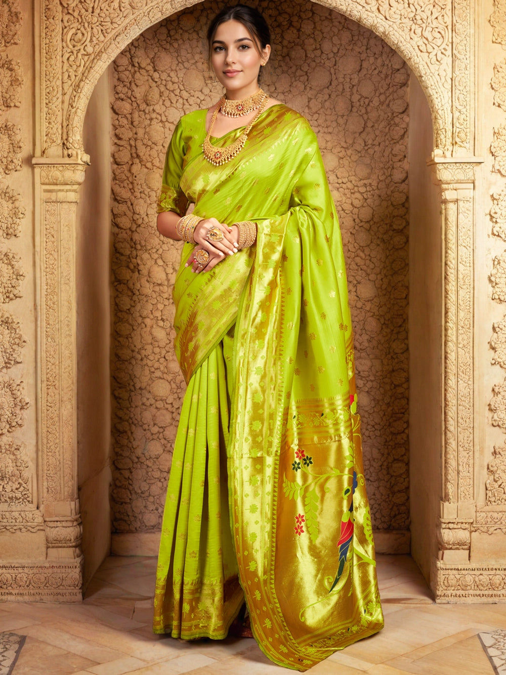 Lime Green Silk Blend Parrot Design Pallu Paithani Saree - Rheycart