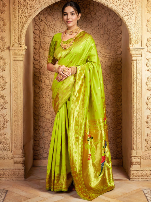 Lime Green Silk Blend Parrot Design Pallu Paithani Saree - Rheycart