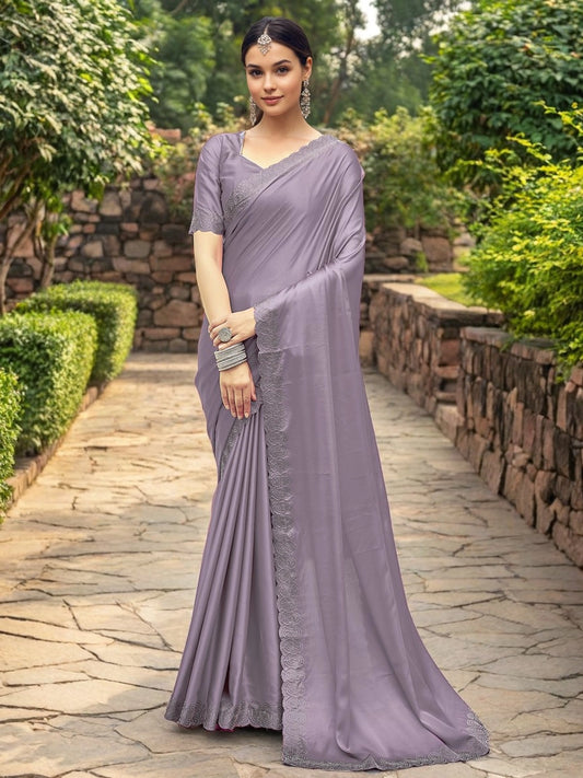 Lavender Embellished Silk Saree For Women - Rheycart