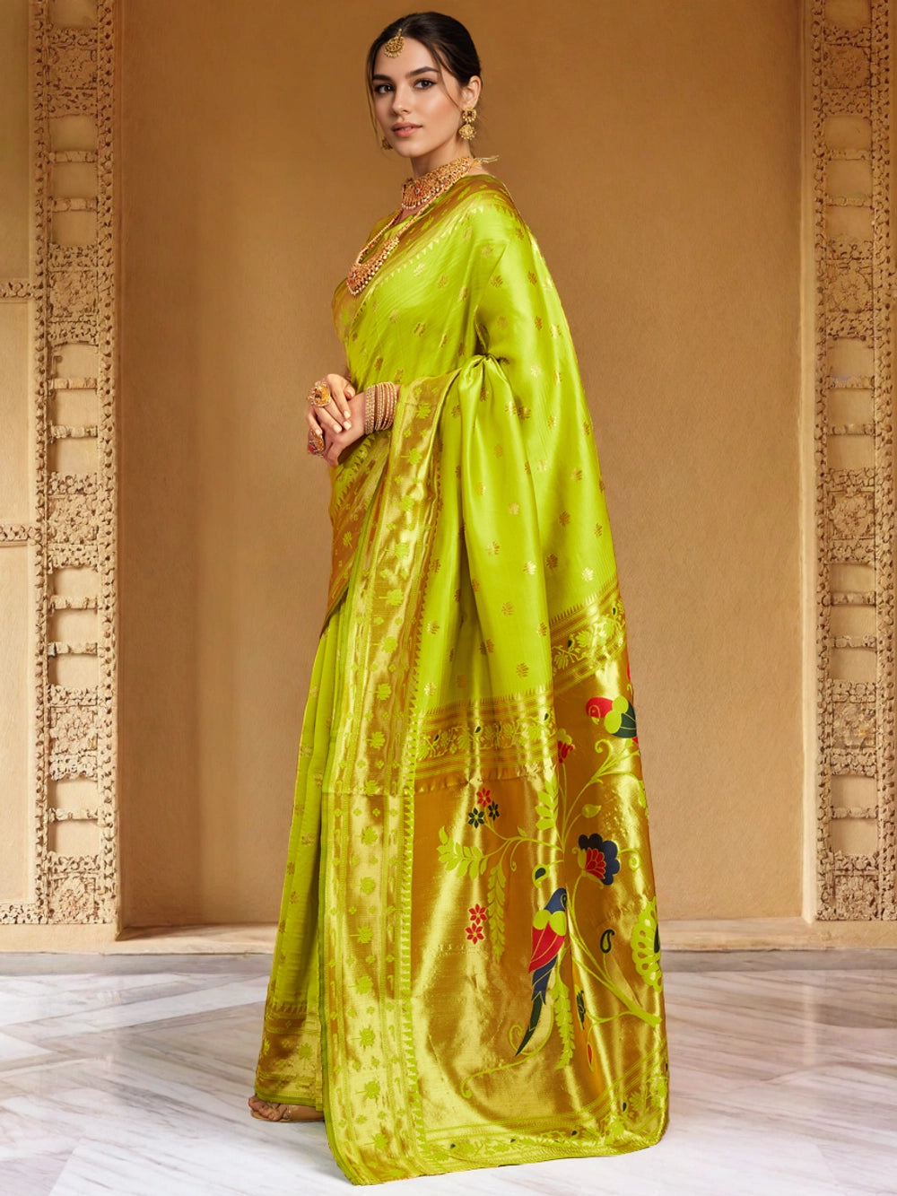 Lime Green Silk Blend Parrot Design Pallu Paithani Saree - Rheycart